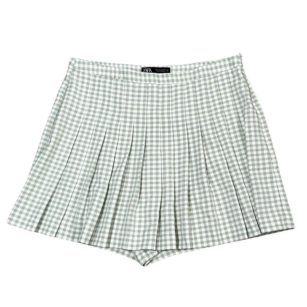 Zara Pleated Skort Gingham Green White Plaid Women’s Size Large